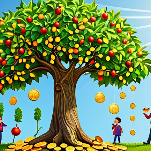 Home 9 Juros Compostos (Compound Interest)**
"A vibrant, healthy tree bearing fruit, representing investments growing over time. The tree is in a sunny garden, symbolizing financial prosperity. Small coins are near the base, showing the initial investment. Style: professional illustration, bright colors, safe for work, appropriate content, fully clothed, family-friendly, perfect anatomy, correct proportions."
**