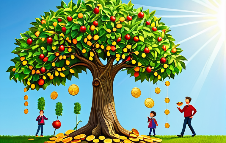 Juros Compostos (Compound Interest)**
"A vibrant, healthy tree bearing fruit, representing investments growing over time. The tree is in a sunny garden, symbolizing financial prosperity. Small coins are near the base, showing the initial investment. Style: professional illustration, bright colors, safe for work, appropriate content, fully clothed, family-friendly, perfect anatomy, correct proportions."
**
