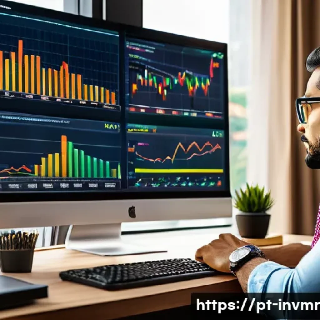 장기 복리 투자에 대한 잘못된 상식 - A professional Brazilian investor in a modern home office setting, focused on a dual-monitor compute...