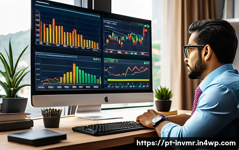 장기 복리 투자에 대한 잘못된 상식 - A professional Brazilian investor in a modern home office setting, focused on a dual-monitor compute...