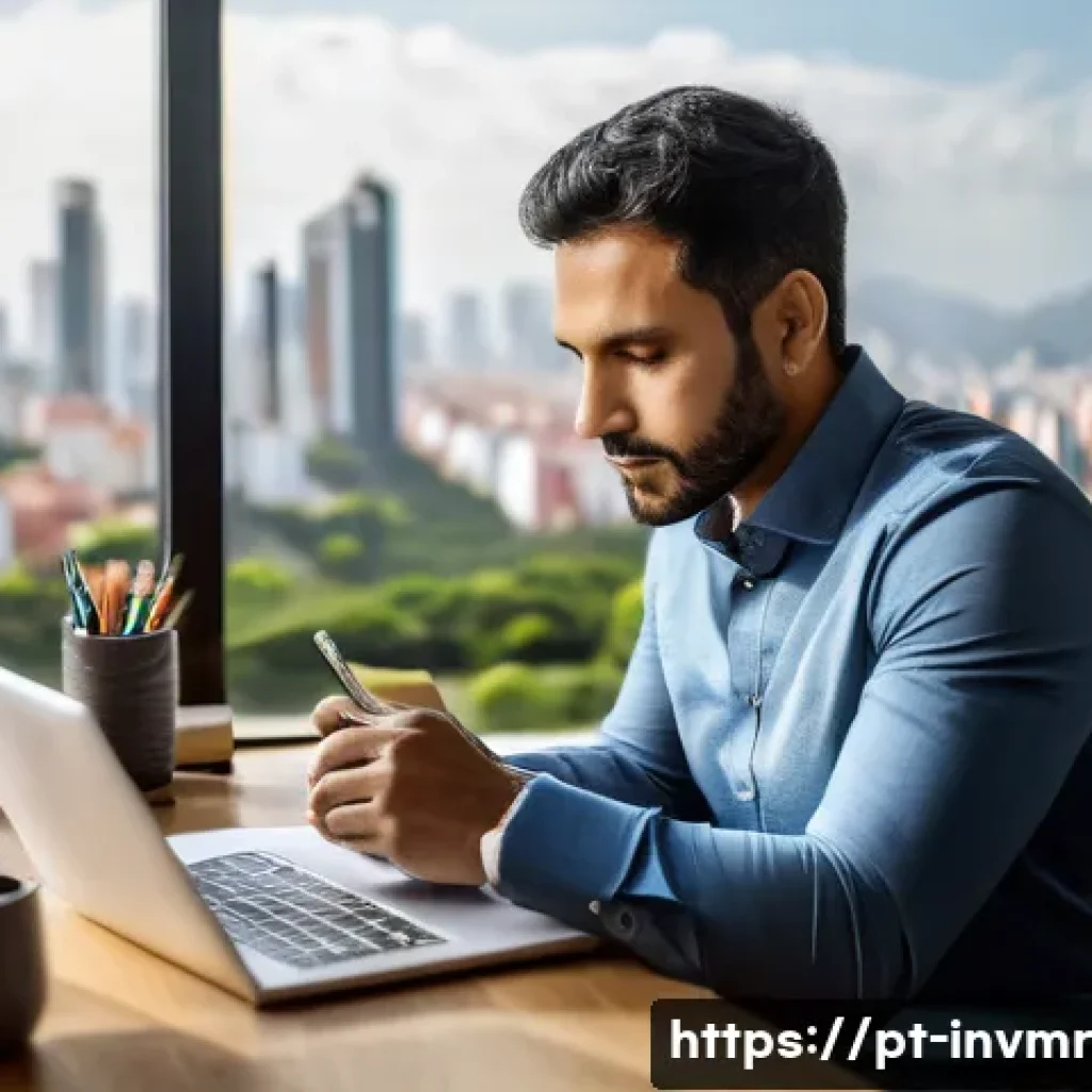 복리 투자와 자기계발 - A professional Brazilian man in his 30s sitting at a modern home office desk, surrounded by financia...