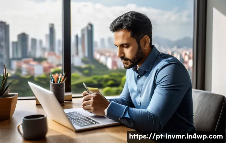 복리 투자와 자기계발 - A professional Brazilian man in his 30s sitting at a modern home office desk, surrounded by financia...