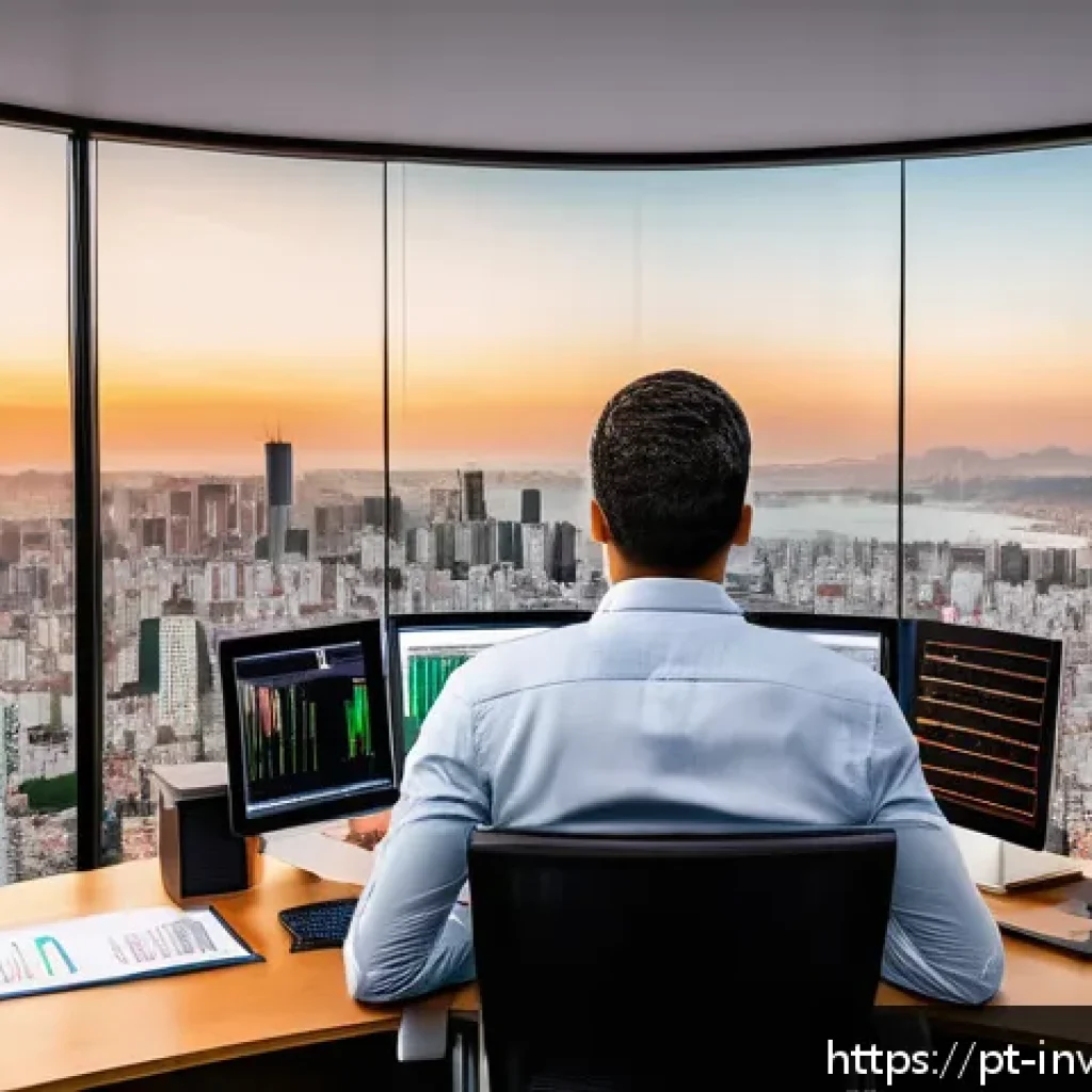 복리 투자와 경제 지표 분석 - A detailed illustration of a young Brazilian investor sitting at a desk surrounded by financial char...