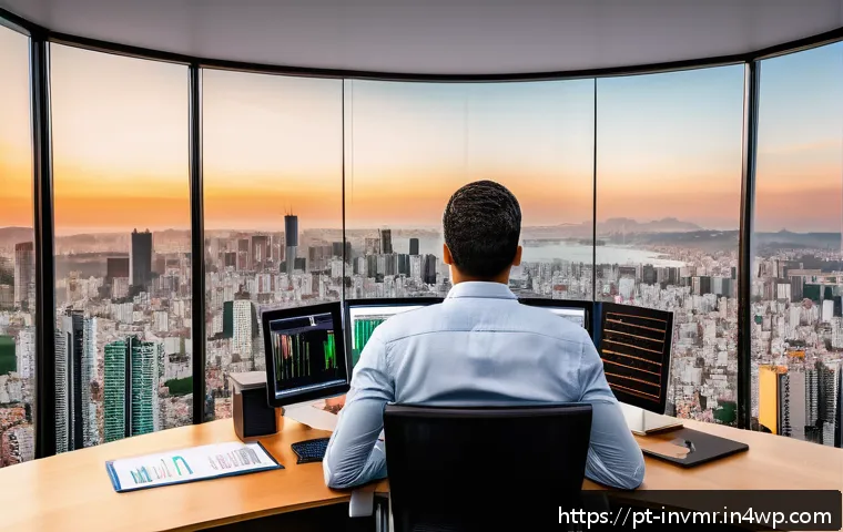 복리 투자와 경제 지표 분석 - A detailed illustration of a young Brazilian investor sitting at a desk surrounded by financial char...