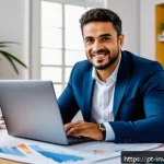 복리 투자 시 피해야 할 함정 - A calm, confident Brazilian investor in casual business attire sitting at a modern home office desk ...
