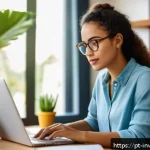 복리 투자에서의 목표 달성법 - A vibrant and modern Brazilian home office setting with a young adult woman of mixed ethnicity caref...