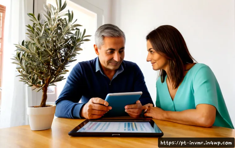 장기 복리 투자로 자산 불리기 - Photorealistic long-term compound investment concept, a middle-aged Portuguese couple in a bright Li...